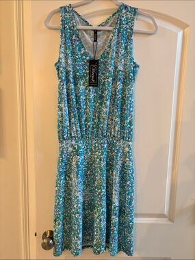Viereck Teal Floral Sleeveless Midi Dress with Cross-Back